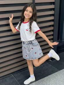 Genkimix Kids 浅蓝色水洗牛仔短裙，可爱樱桃刺绣，松紧腰带，休闲柔软舒适，适合日常上学玩耍 - 淺色水洗藍 - 查看 6