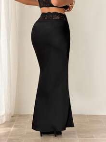 SHEIN PETITE 女士新款秋冬长款缎面蕾丝拼接优雅半身裙，派对装 - 黑色 - 查看 2