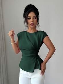 SHEIN Elenzya 女士春季户外套装，适合新年、情人节、复活节、母亲节、中东派对、婚礼、优雅法式甜美浪漫度假职场等场合，船领无袖收腰伞裙式常规无袖上衣，粉色 - 墨綠色 - 查看 3