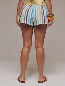 MUSERA 亚麻条纹印花迷你抽绳短裤，波西米亚风，适合海滩、节日、春夏度假、休闲、优雅、夜晚外出、约会等场合。 - 白色 - 查看 4