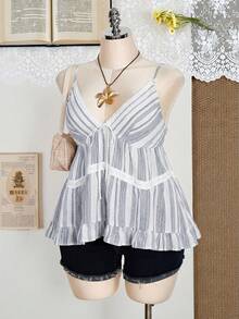 SHEIN ICON 加大码条纹休闲荷叶边吊带娃娃衫，梭织刺绣装饰荷叶边下摆度假吊带衫，适合春夏穿着 - 彩色 - 查看 7