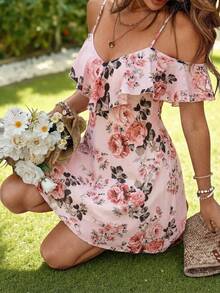 KARISMINA Women's Rose Pink Floral Print Ruffle Off-Shoulder Mini Dress, Summer Cottage Core Boho Elegant Cold Shoulder Holiday Vacation Outfit, Brunch Picnic - Pink - View 2