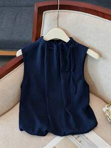 Franclia Blus Putih Bertekstur Tenun dengan Tali Serut dan Pinggang Elastis, Tanpa Lengan, Elegan untuk Wanita, Musim Semi/Panas - Navy Blue - View 4