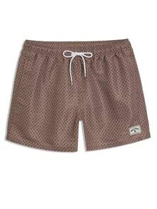 CoralVoy Men's Summer Beach Vacation Style All-Over Letter Print Drawstring Waist Slant Pocket Beach Shorts, Holiday - Brown - View 6