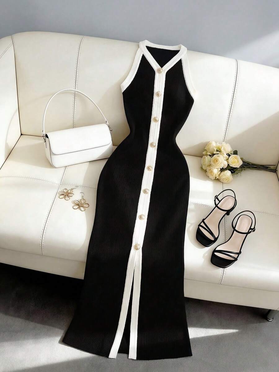 Franclia Women's Elegant Black And White Sleeveless Knit Dress,Summer Tea Party Casual Color Block Split Fitted Button Dress,Minimalist Vacation Spring Outfit - Black - View 1