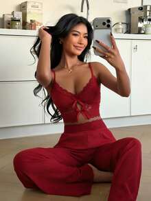 ZzzCrew 两件套女士睡衣套装，休闲蕾丝吊带背心和裤子，蝴蝶结装饰，夏季睡衣套装 - 紅色 - 查看 5