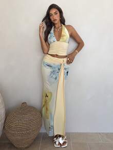 Aloruh Bộ đồ 2 mảnh gợi cảm dành cho nữ, gồm áo hai dây cổ yếm in họa tiết Bohemian và chân váy ngắn, thích hợp cho kỳ nghỉ. - Nhiều màu - Xem 7