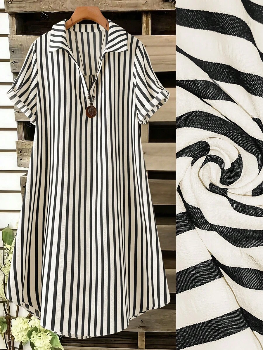 SHEIN Tall CURVE 大尺碼女款法式風格傳統休閒簡約夏季V領短袖洋裝 黑白配色 正式商務 登山 早午餐 度假 - 黑色 - 查看 1
