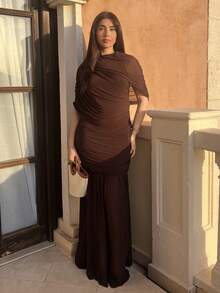 Hitanina Elegant Ruched Skirt Bodycon Dress, Suitable For Cocktail Party, Romantic Date, Autumn/Winter Layering, Party, Formal Gathering, Christmas,Winter Dresses For Women,New Year Dress,Elegant Dresses For Party,Dresses For Women Elegant,New Year Dress ,Elegant Party Dresses - Brown - View 1