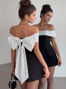 SHEIN Pitira Kids Teen Girls Black Polka Dot Off-Shoulder Knit Dress,Elegant Party Wedding Summer Cocktail Evening Princess Dress With Oversized Bow For Women - Black and White - View 2