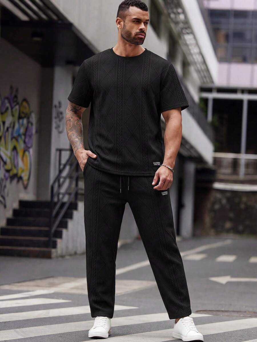 EASEVO Plus Size Men's Letter Print Short Sleeve T-Shirt And Shorts Casual Set - Black - View 1