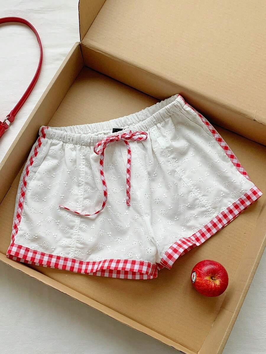 Comfortcana Plaid Patchwork Tie-Waist Casual Shorts For Women - White - View 1