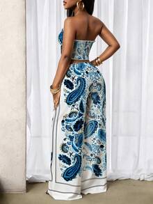 SHEIN BamGlam Bộ 2 món gồm áo croptop không dây in họa tiết Paisley phong cách Bohemian với vạt áo bất đối xứng và quần ống rộng cạp chun, thích hợp cho kỳ nghỉ, đi biển và mặc hàng ngày vào mùa xuân/hè. - Nhiều màu - Xem 2