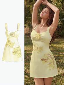 Sweetness Sweet Girl's Light Yellow Hollow Embroidered 3D Floral Decor Satin Mini Dress - Yellow - View 4