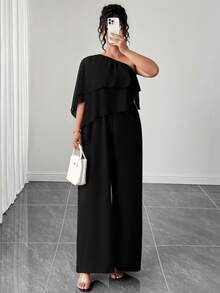 Elenzga Mono de mujer talla grande con hombros descubiertos y bajo asimétrico, de gasa de color liso, elegancia de alta gama, corte holgado, atuendo de verano para mujer, invitada de boda - Negro - Ver 3