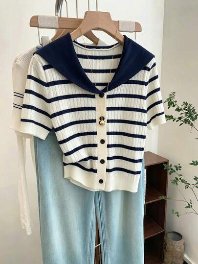 Sweetra 夏季蓝白撞色优雅俏皮可爱复古水手领休闲针织短袖开衫