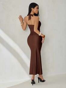 SHEIN PETITE 新款优雅深V领美人鱼连衣裙，适合派对、生日、酒吧、夜店、情人节、万圣节、圣诞节等场合 - 棕色 - 棕色 - 查看 2
