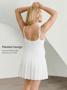GLOWMODE Maternity Sporty Knit Seamless Sweat-Wicking Sun-Protective Removable Cups Adjustable Straps Pleated Tennis Dress With Built-In Shorts Daily Casual Wear - White - View 2