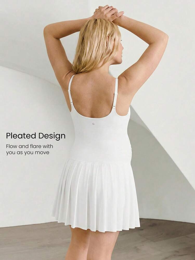 Maternity Sporty Knit Seamless Sweat-Wicking Sun-Protective Removable Cups Adjustable Straps Pleated Tennis Dress With Built-In Shorts Daily Casual Wear