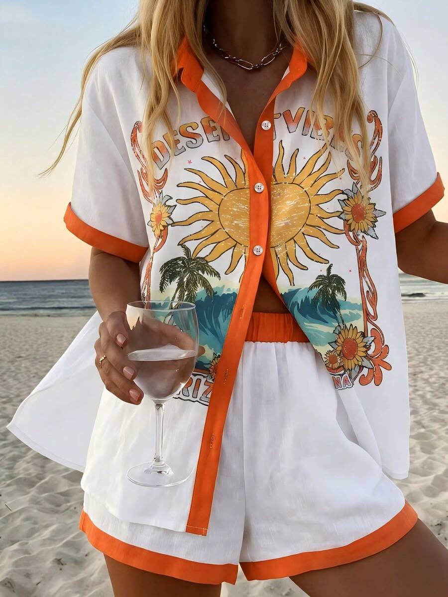 INAWLY Women's Vacation Palm Tree Letter Print Short Sleeve Shirt And Shorts Casual Set - White - View 1