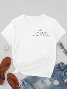 SHEIN LUNE Dinosaur Print Tee Graphic Tees Women Tops - White - View 3