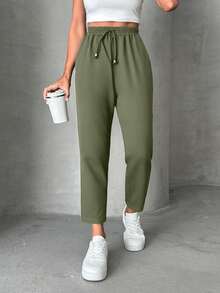 SHEIN PETITE Petite Pants With Drawstring, Slanted Pockets - Army Green - View 3