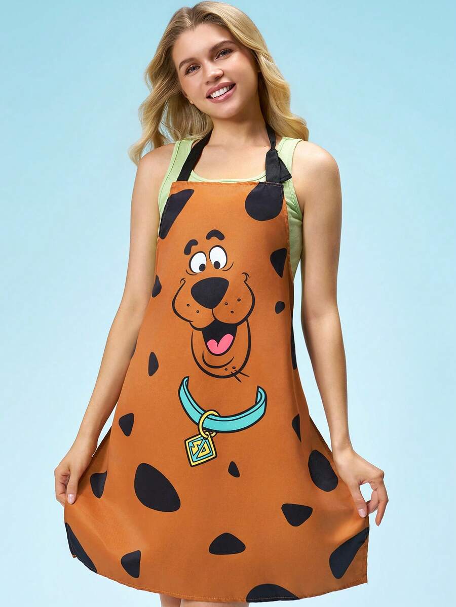 SCOOBY-DOO X SHEIN 一件史酷比狗狗印花围裙,采用防水防油面料,舒适柔软,是厨房和烘焙的必备单品,男女皆宜。 - 棕色 - 查看 1