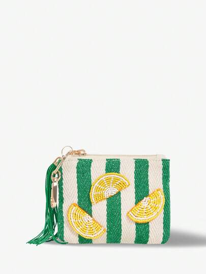 Viva Strut 1pc Fashionable, Simple, Personalized And Fun, Spring And Summer Vacation Style, Green Stripes, Handmade Fruit, Lemon Beads, Fringed Keychain, Change Bag, Spring And Summer Vacation, Beach And Seaside, Best Gift Giving