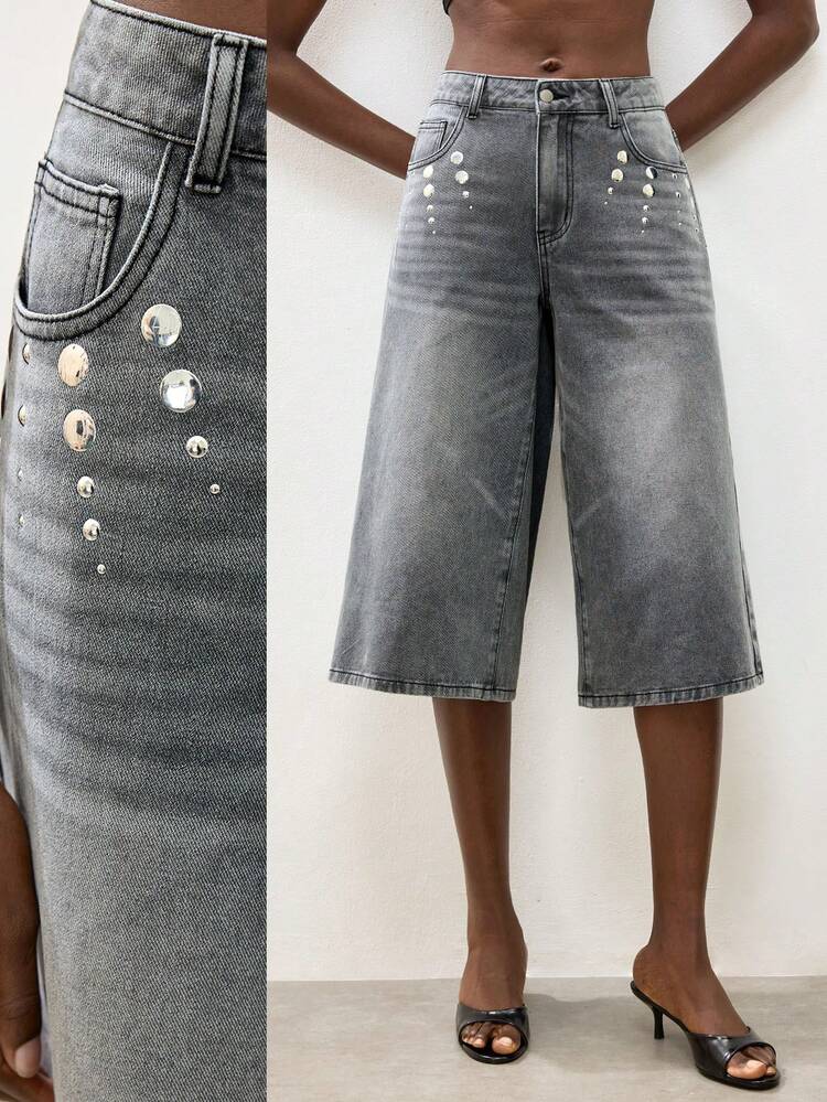 SHEIN Maija Jeans casual da donna a gamba ampia e lunghezza capri lavati