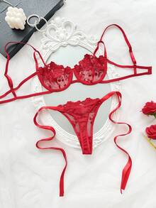2 piezas Conjunto de lencería con cordones y bordados en azul cielo para mujeres - Rojo - Ver 2