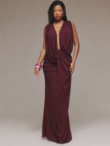 MUSERA Deep Plunge Draped Wrap Front Ruched Waist Maxi Dress Cute Sexy Occasion Night Out Summer Sping Holiday Vacation Wedding Guest - Burgundy - View 4