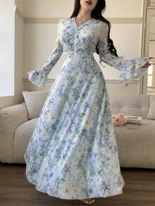 Feyla Váy dài tay cổ chữ V in hoa thanh lịch cho nữ - Màu xanh lam - Xem 8