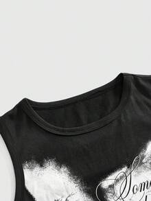 ROMWE Grunge Punk Unicorn Floral English Print Ruched Plus Size Women Tank Top - Black - View 3