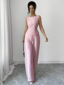 Elenzga 女士粉色无袖圆领收腰上衣搭配高腰阔腿裤套装，优雅职业装，春夏时尚必备单品，百搭两件套 - 粉色 - 查看 7