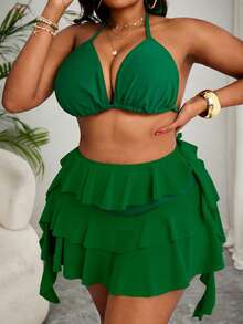 Slaydiva Plus Size Women Beach Holiday Solid Color Halter Top With Multi-Layer Ruffle Pants 2 Pieces Swimwear Green 2 Pieces Set Vacation - Green - View 4