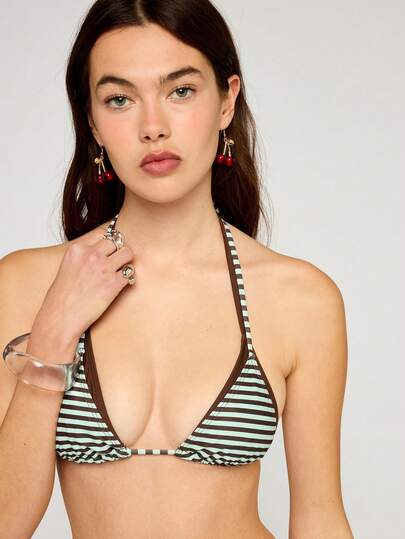 COUREZ Top de bikini de triángulo con cuello halter de doble capa a rayas / Conjuntos de verano Y2K para mujer, ropa de primavera para mujer, ropa de verano, atuendos de vacaciones para mujer, atuendos de playa para mujer, conjuntos de playa, trajes de baño para mujer, conjunto de bikini para mujer, conjuntos de bikini