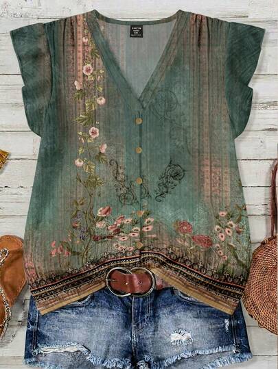 EMERY ROSE 大码女装日常休闲度假V领小飞袖假日风夏季优雅欧式复古碎花宽松衬衫女装夏季服装女装度假服装