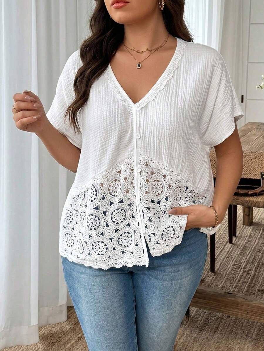 SHEIN Frenchy Plus Size Vacation Casual Solid Color Contrast Lace Bating Sleeve Blouse,Teacher For Women - White - View 1