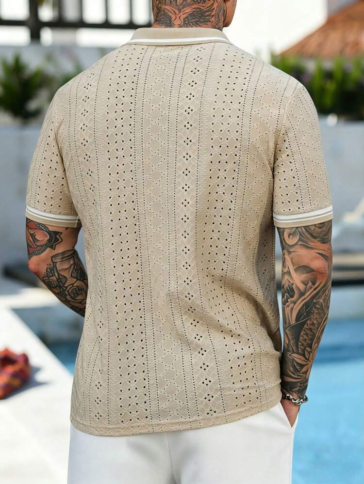 VENTUSAIL 男士镂空提花休闲Polo衫，适合日常穿着、旅行、海滩、度假，是送给男友或丈夫的绝佳礼物 - 卡其色 - 查看 5