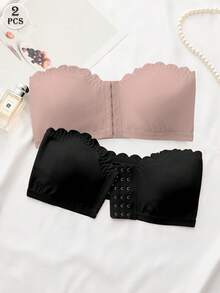 Conjunto de 2 sutiãs femininos multicoloridos, com fecho frontal, acabamento ondulado, bojo removível e aro. - Multicolorido - Ver 2