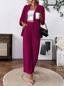 Conjunto de traje informal compuesto por un blazer de color liso con bolsillos y pantalones de pierna ancha cintura alta con cordón, estilo de ocio - Rojo violeta - Ver 5
