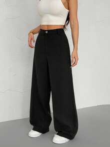 SHEIN PETITE Ladies' Solid Color Simple Everyday Casual Trousers - Black - View 4