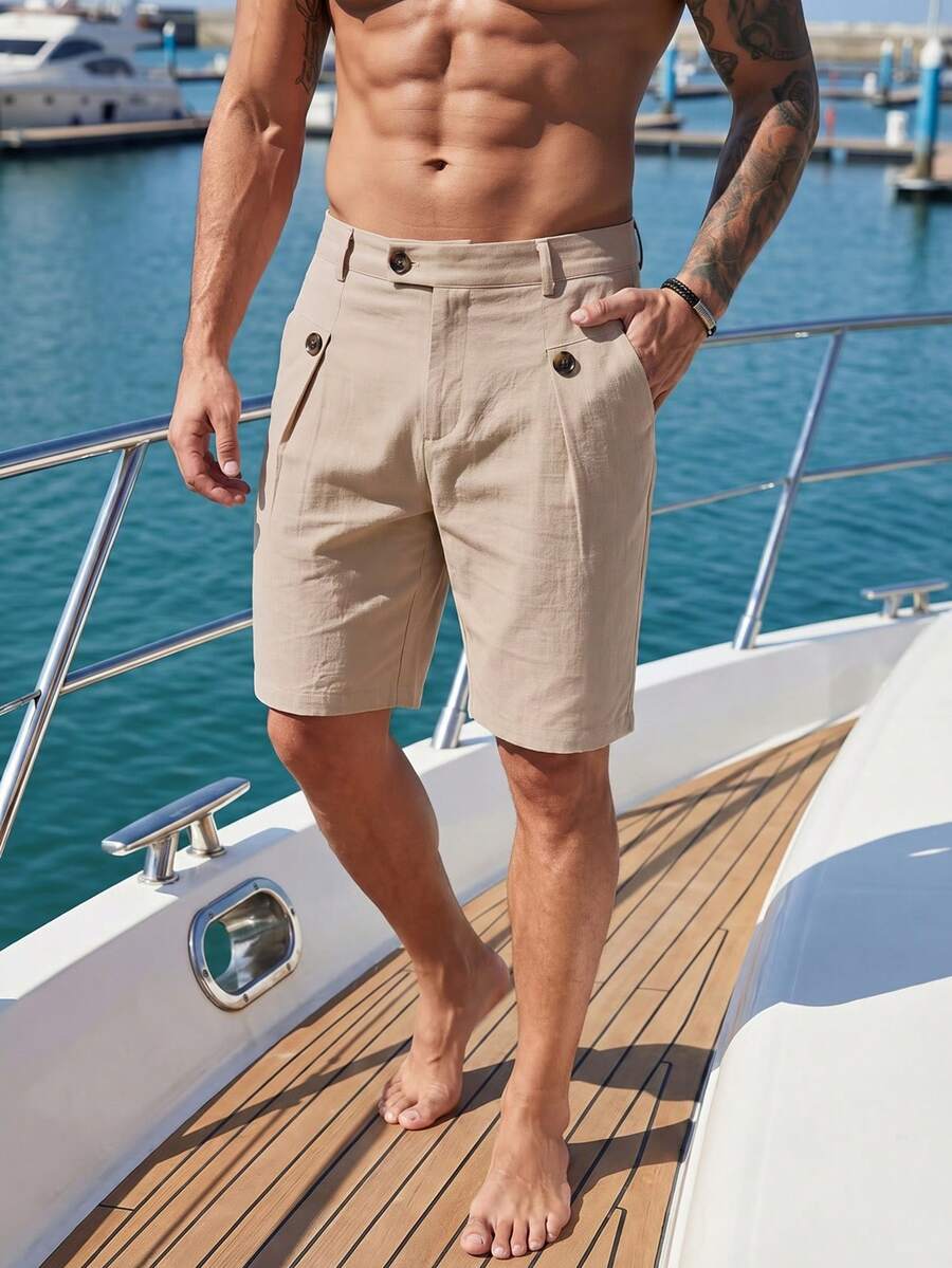 VENTUSAIL Pantalones cortos casuales de verano de tela texturizada con cintura plisada y presillas para cinturón de unicolor para hombres - Caqui - Ver 1