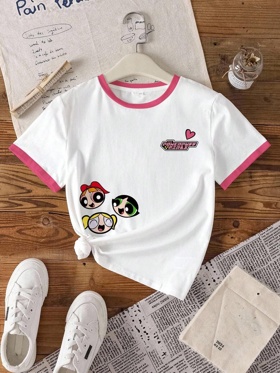 THE POWERPUFF GIRLS X SHEIN 少女休闲卡通字母图案圆领短袖T恤，夏季 - 白色 - 查看 1