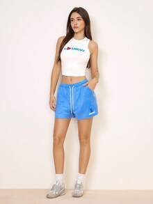 SHEIN X The Smurfs 女士时尚多功能口袋抽绳腰休闲短裤 - 藍色 - 查看 1