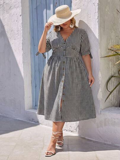 SHEIN LUNE Đầm maxi cỡ lớn mùa hè kẻ caro đen trắng có cúc trang trí