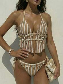 Bellisia Women's Boho Sexy Summer Beach Golf Holiday White Swimwear Set, Textured Jacquard Knit Fabric,Shell Trim,Spaghetti Strap Drawstring Bikini Outfit - Brown - View 3