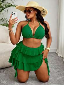 Slaydiva Plus Size Women Beach Holiday Solid Color Halter Top With Multi-Layer Ruffle Pants 2 Pieces Swimwear Green 2 Pieces Set Vacation - Green - View 6