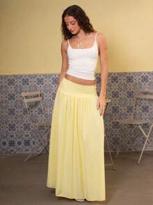 juhmazzocco Women's Plain Zip Up Gathered Casual Yellow Skirt, Summer Winter Spring - Yellow - View 3