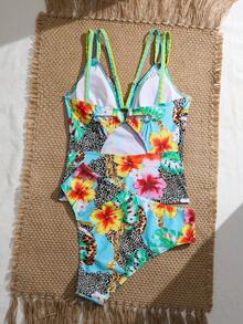 Swim Lushoire 两件套女士吊带比基尼泳衣，性感锯齿状花卉豹纹印花，欧美风格度假泳装 - 彩色 - 查看 5